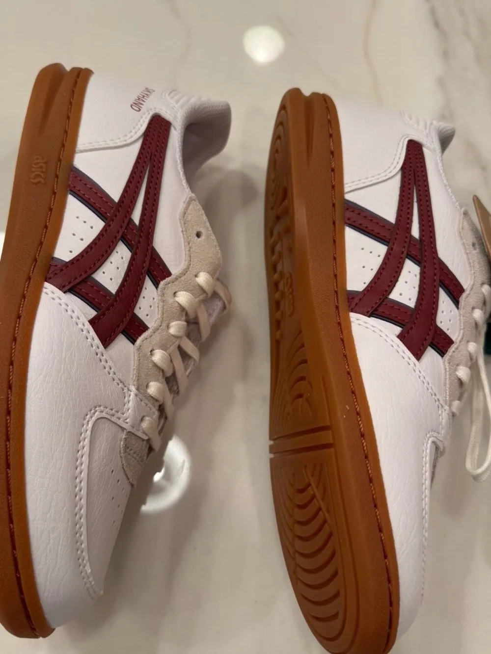 ASICS White Sneakers with Maroon Stripes and Gum Sole